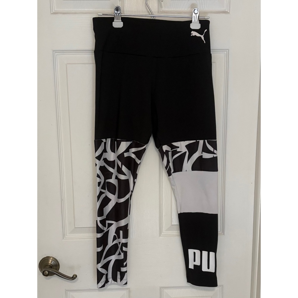 Puma Leggings Black White Colorblock Logo Abstract Athletic Activewear Sz L Gym